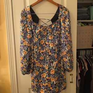 Bershka Floral Long Sleeve Mini Dress - Purple, Yellow, Green